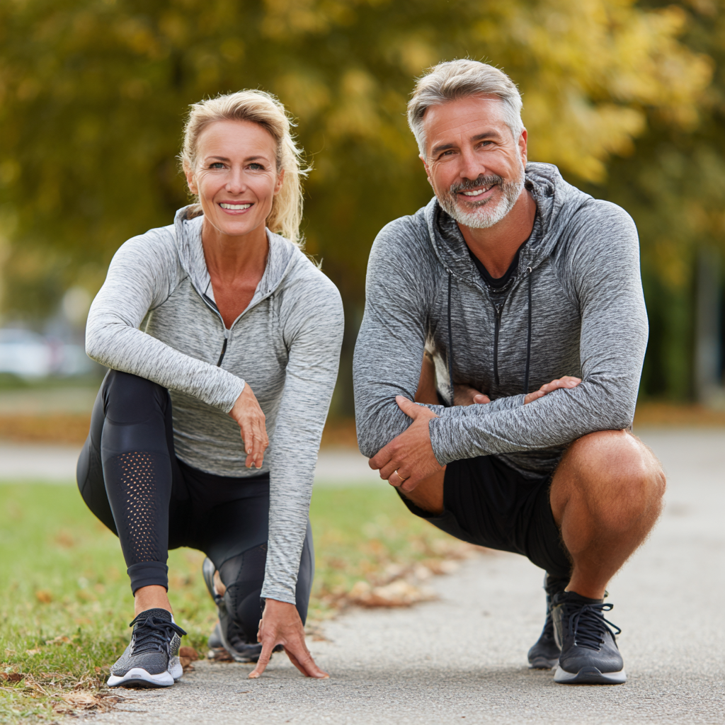 Ukrainian adults demonstrating proper running form and knee-safe exercise techniques in a modern training facility
