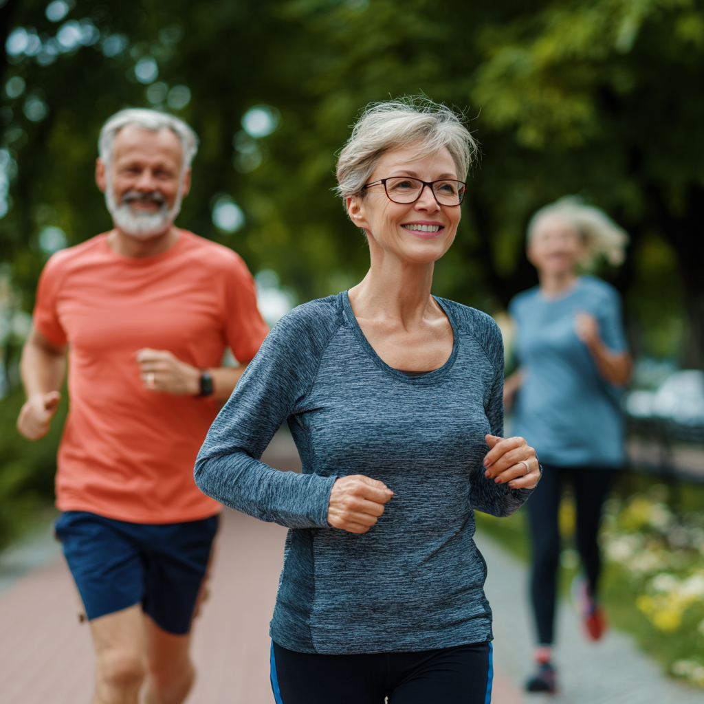 Mature Ukrainian adults taking their first confident steps in a supportive fitness environment, showcasing progress and determination